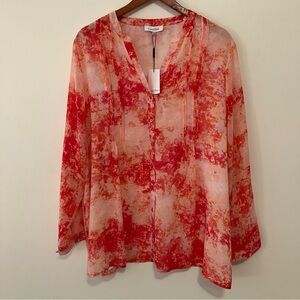 NWT Calvin Klein Button Front Sheer 1X Blouse Pleated V Neck Pink Red Office
